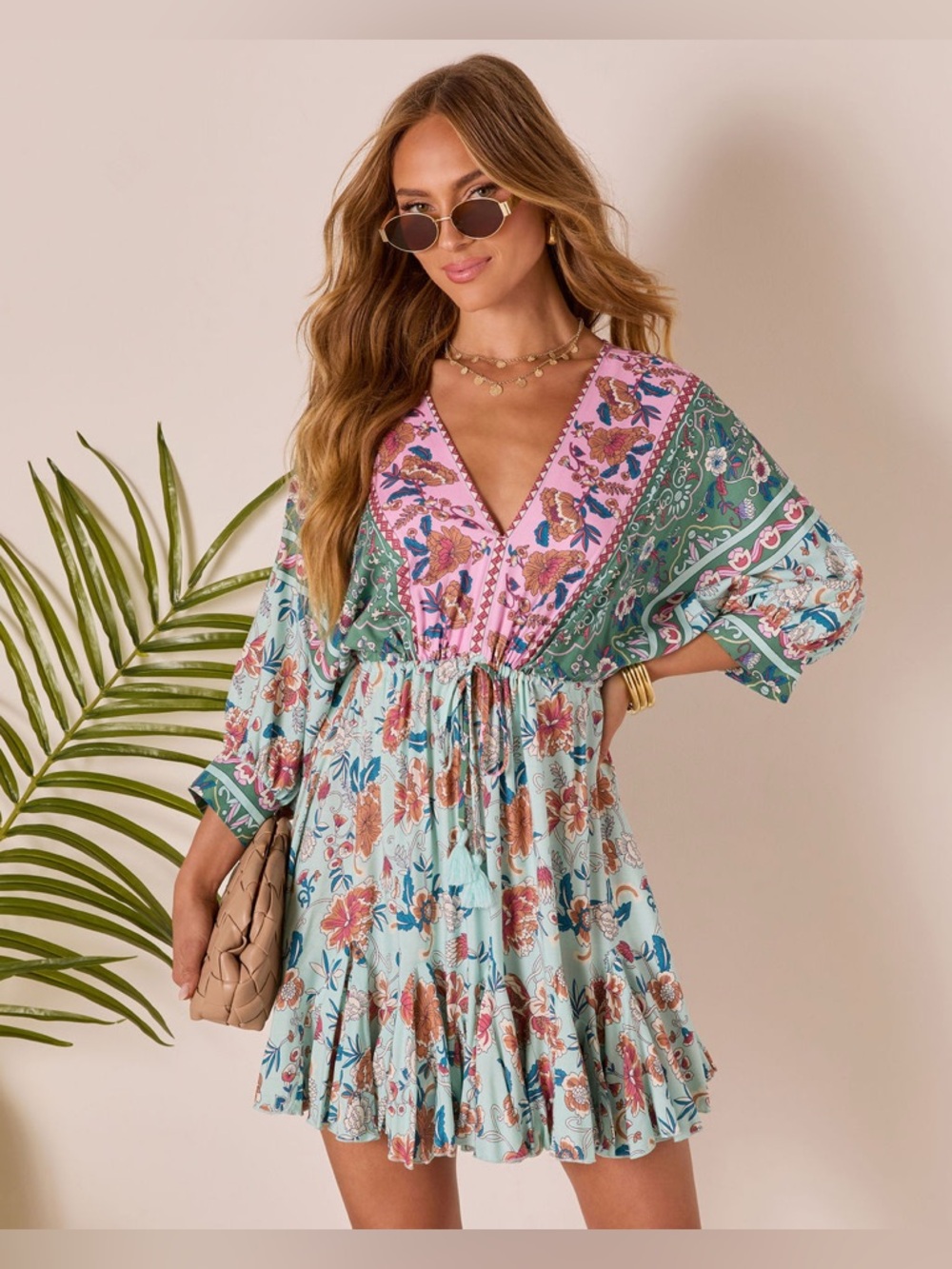 VICI Collection Skylar Floral Tassel Tie Mini Dress